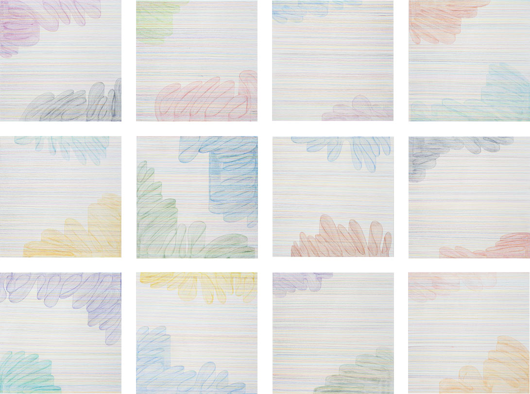 ohne Titel, 2009, Buntstift auf MDF, 12-teilig, je 50 x 50 cm